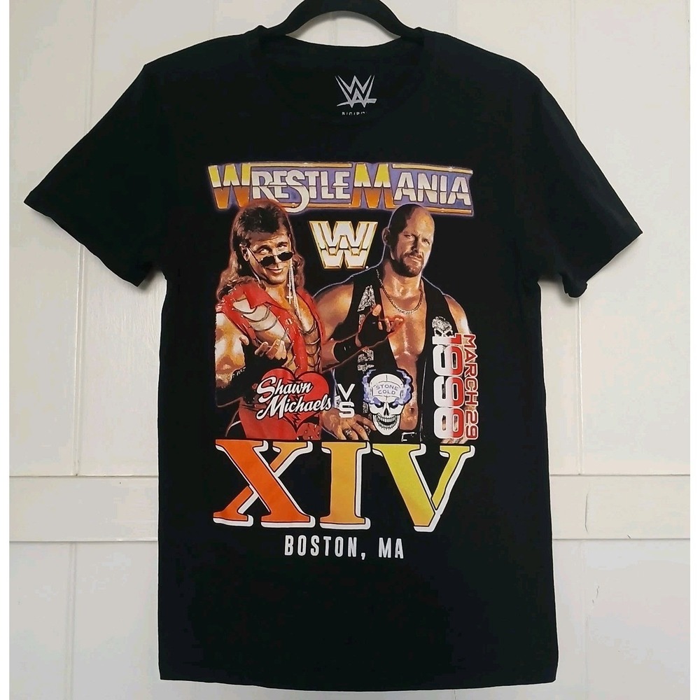 WWE T-Shirt WrestleMania XIV Shawn Michaels Stone Cold Men's‎ Small Black Cotton